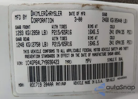 2000 Chrysler Town & Country Limited from USA, damaged, VIN 1C4GP64L7YB696423